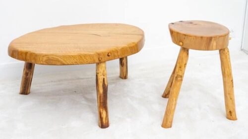 Table d'appoint et tabourets en chêne par Jean Prouvé & Pierre Janneret • 1940 • Set de 3 – Image 8
