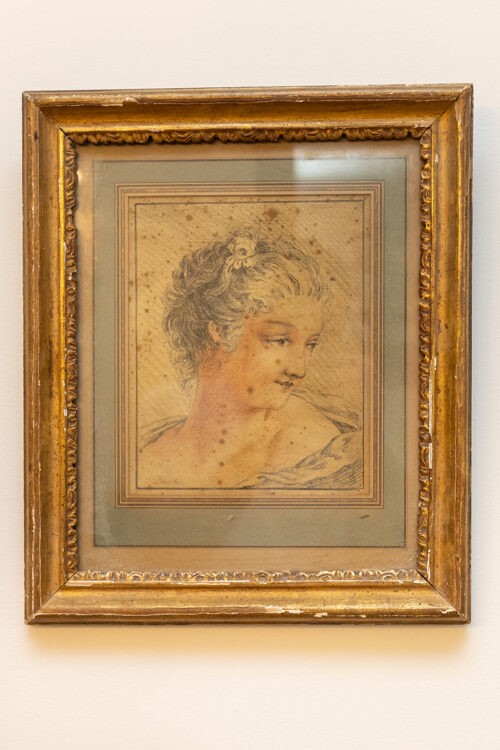 Portrait féminin de style rococo – Dessin ancien encadré, XVIIIᵉ/XIXᵉ siècle