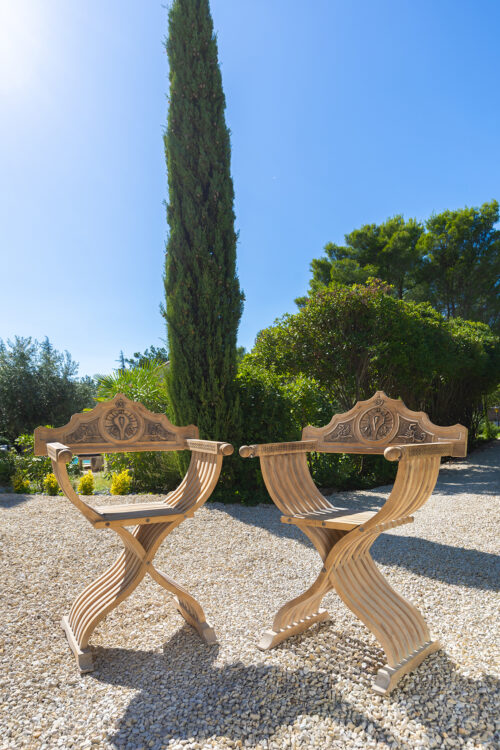 Paire de fauteuils pliants savonarola – Style Renaissance, bois sculpté – Image 4