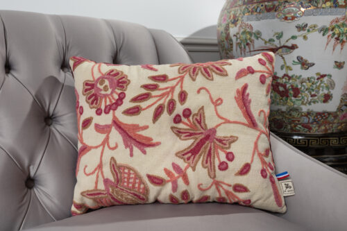 Coussin rectangulaire en lin brodé – Motifs floraux, confection française PY ANTIKS